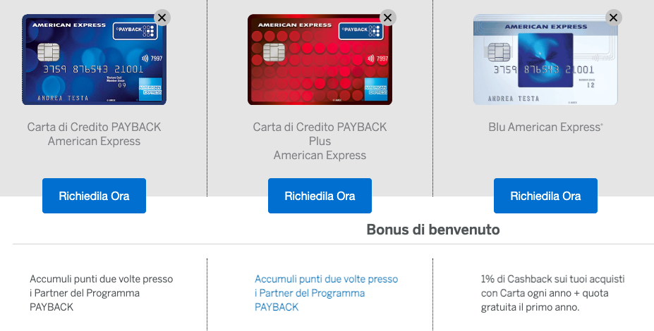 Carte Cashback e Premi American Express