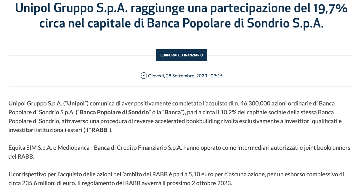 unipol compra banca Popolare di Sondrio